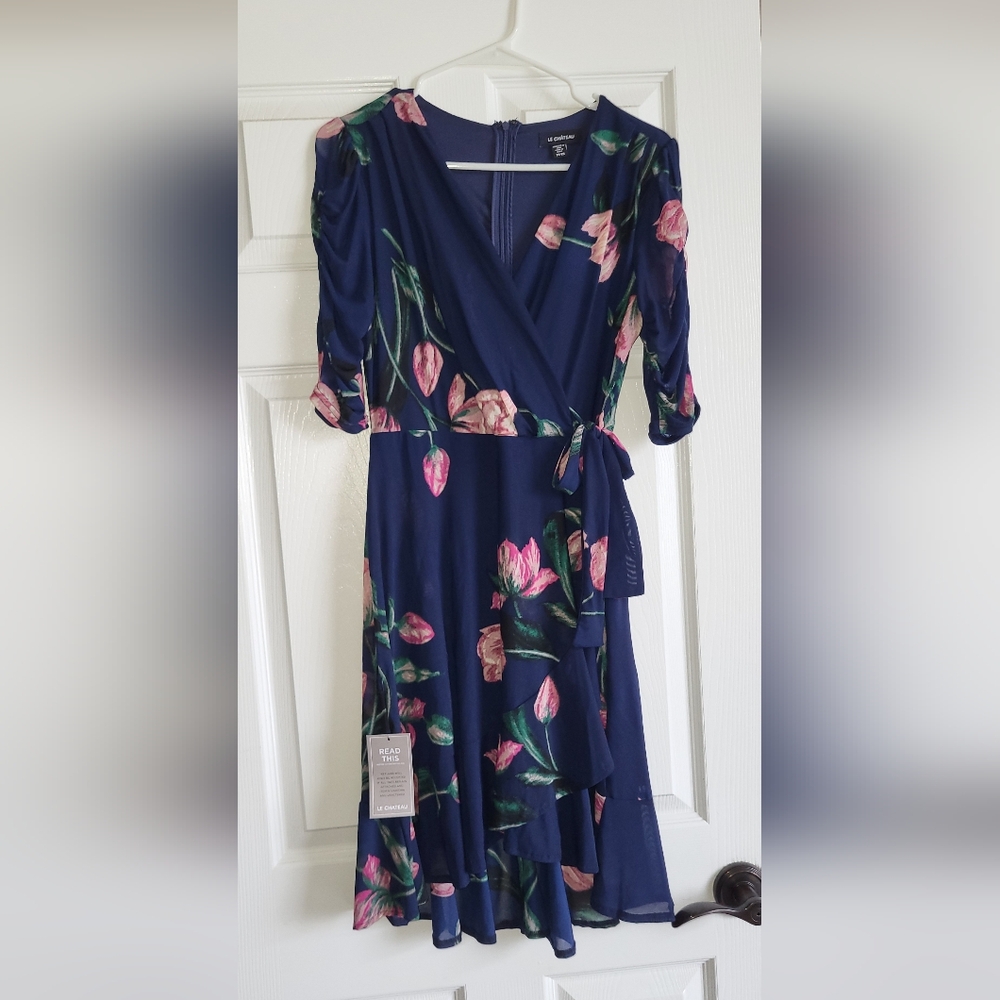 Le Chateau Blue and Pink Wrap Sundress with Puff Sleeves